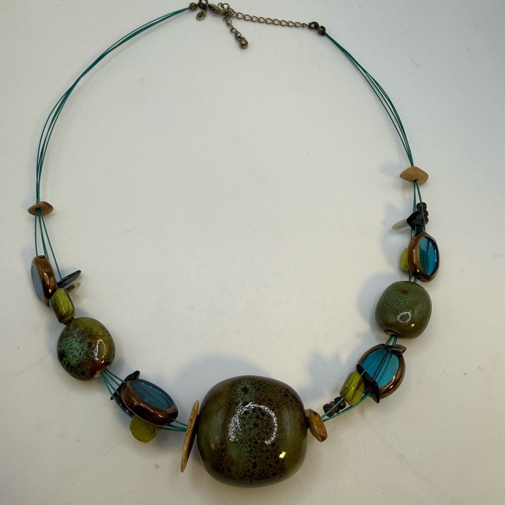 Premier Designs Statement Necklace Green Teal Mixed Beads 19” + Extender